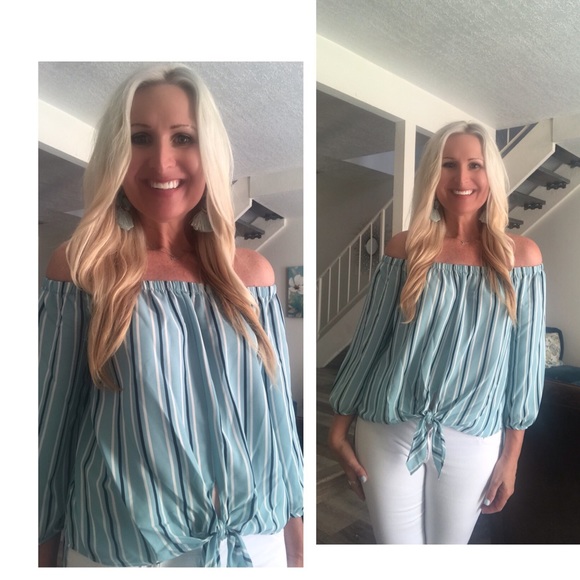 HipFinds Tops - ☕️Turquoise Striped Off the Shoulders Top 🌟